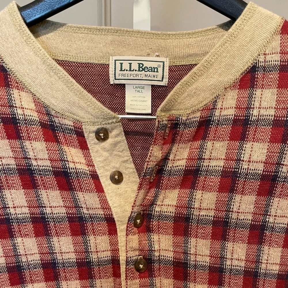 LL Bean Shirt Henley Plaid Pullover Long Sleeve USA Made Gorp Core Vintage LT